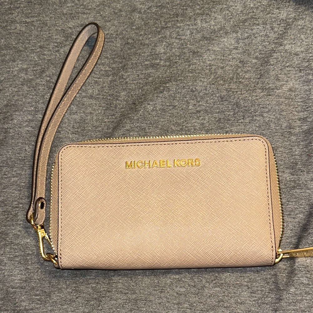 Michael Kors Beige Wristlet with Gold Accents